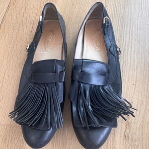Tod's Black Leather Fringe Loafers